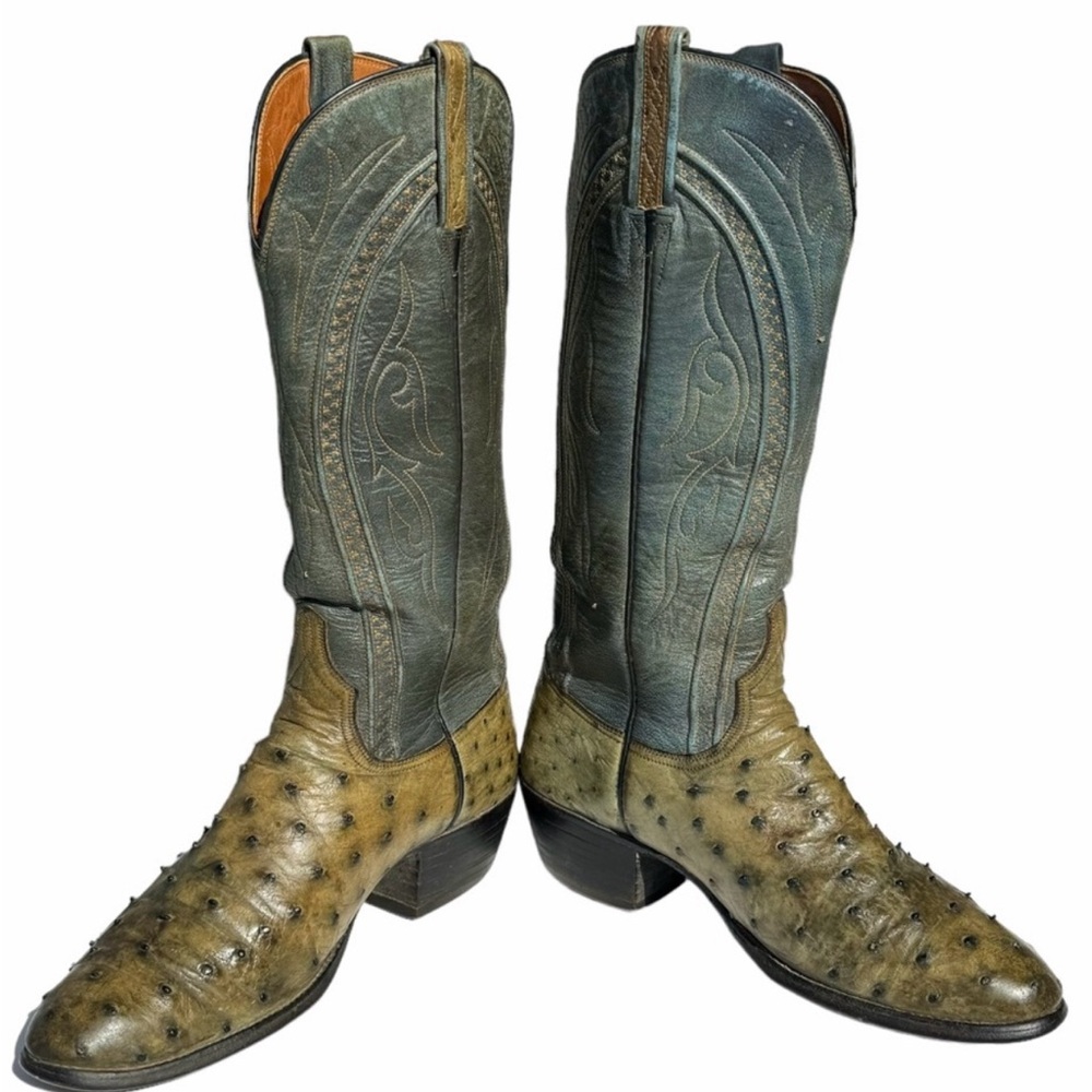 Lucchese Two-Tone Green Ostrich Heeled Cowboy Boots - Picture 2 of 14